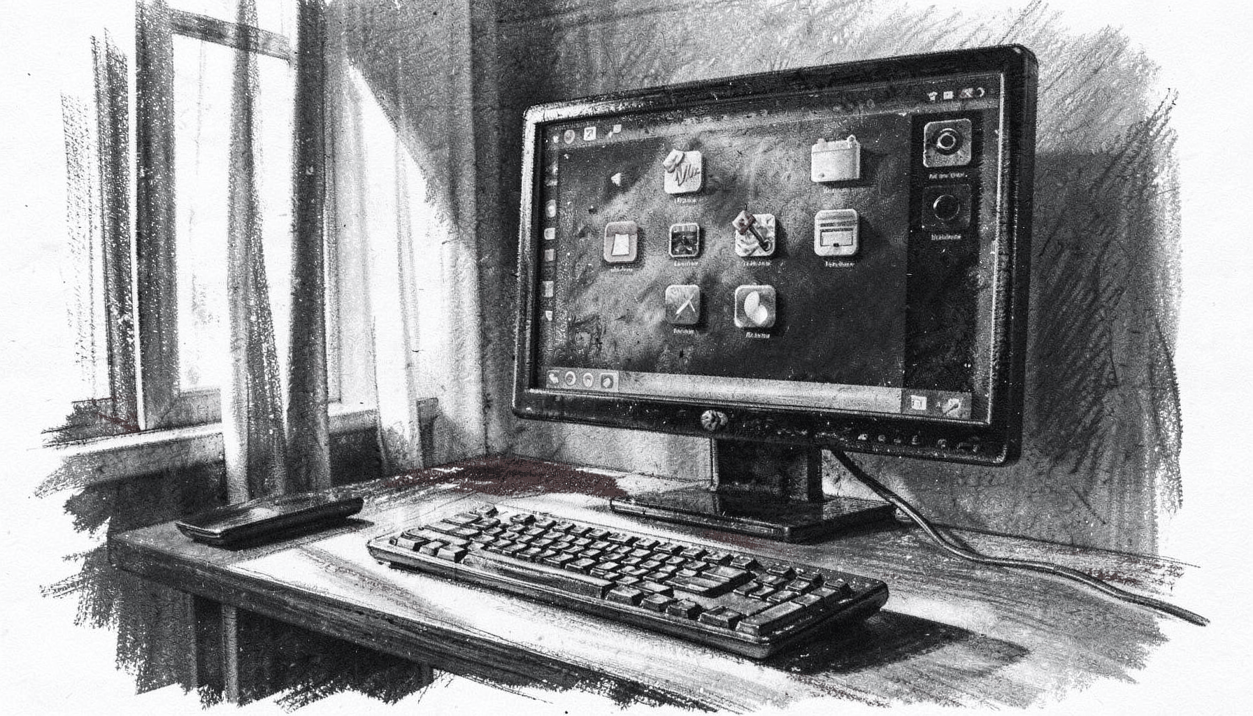 A bold charcoal drawing of a modern desktop workspace with a large monitor displaying app icons, a keyboard, and soft window light
