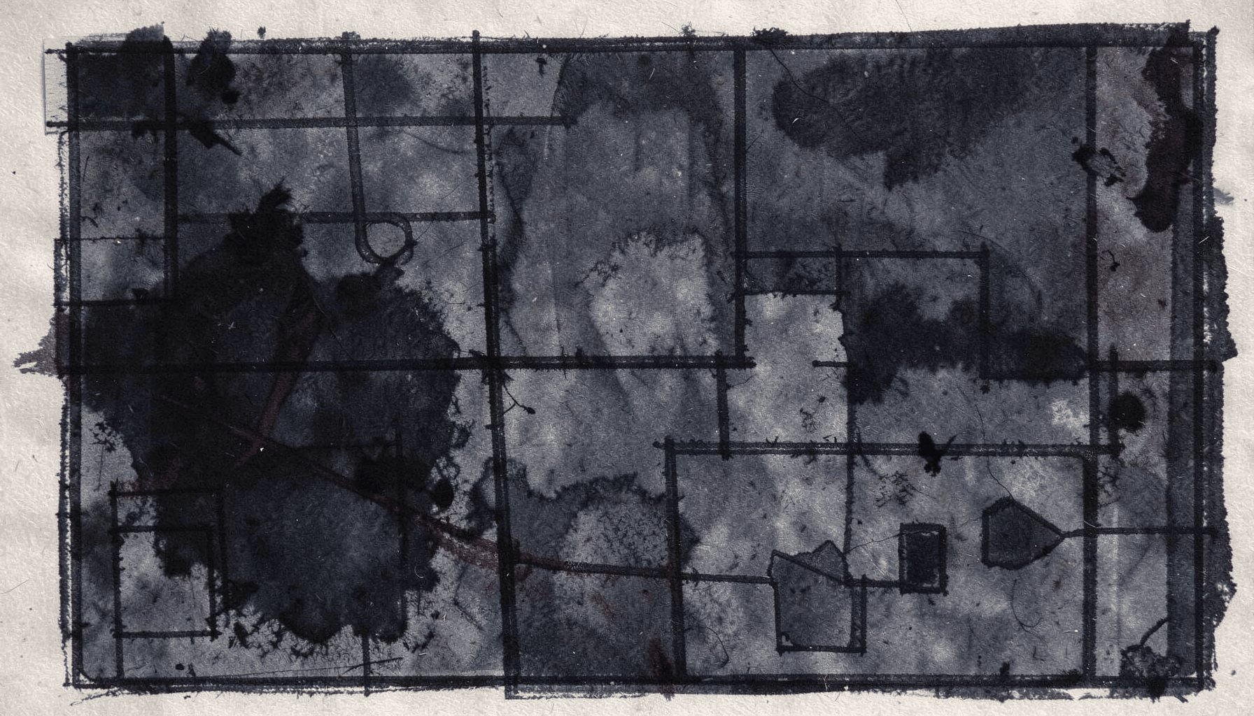 Dark charcoal-toned abstract composition with deep navy and slate grays, evoking a gaming dashboard interface with fragmented geometric shapes