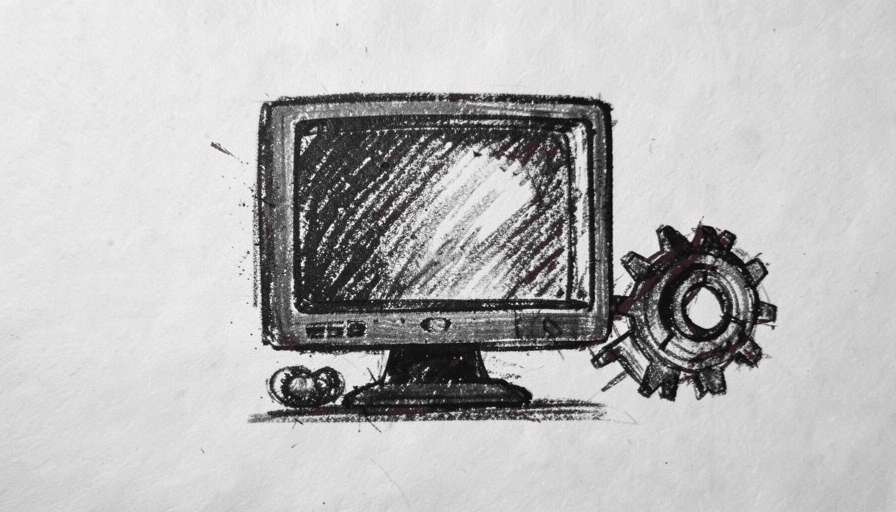 A bold charcoal sketch of a computer monitor with a wrench and gear beside it, drawn in rough black strokes on a light gray background