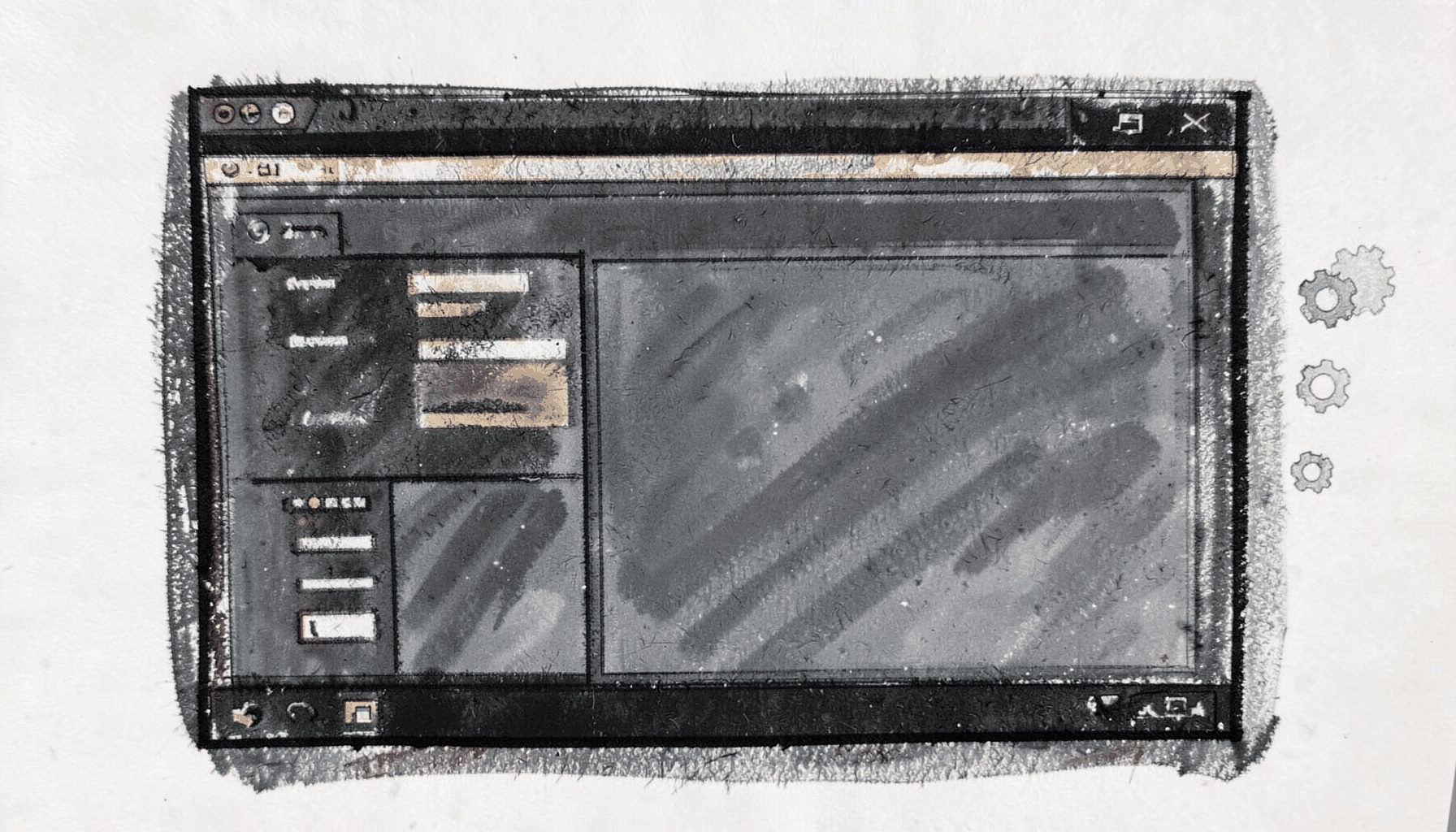 A bold charcoal-style drawing of a Windows 10 desktop with a glowing taskbar, open settings panels, and subtle gear icons