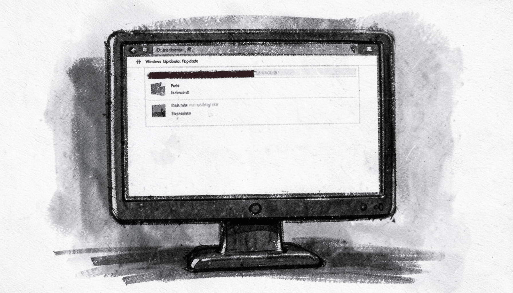 A bold charcoal drawing of a desktop monitor displaying Windows update settings, with soft gray gradients and subtle highlights
