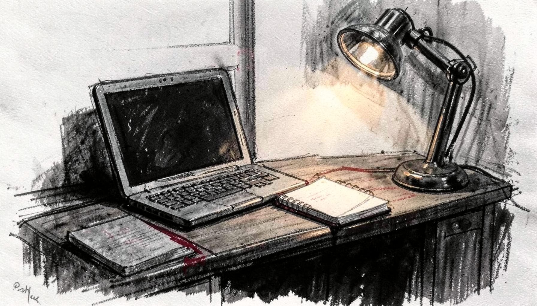 A dark charcoal sketch of a quiet home office desk with a laptop, a notebook, and a warm desk lamp casting soft shadows