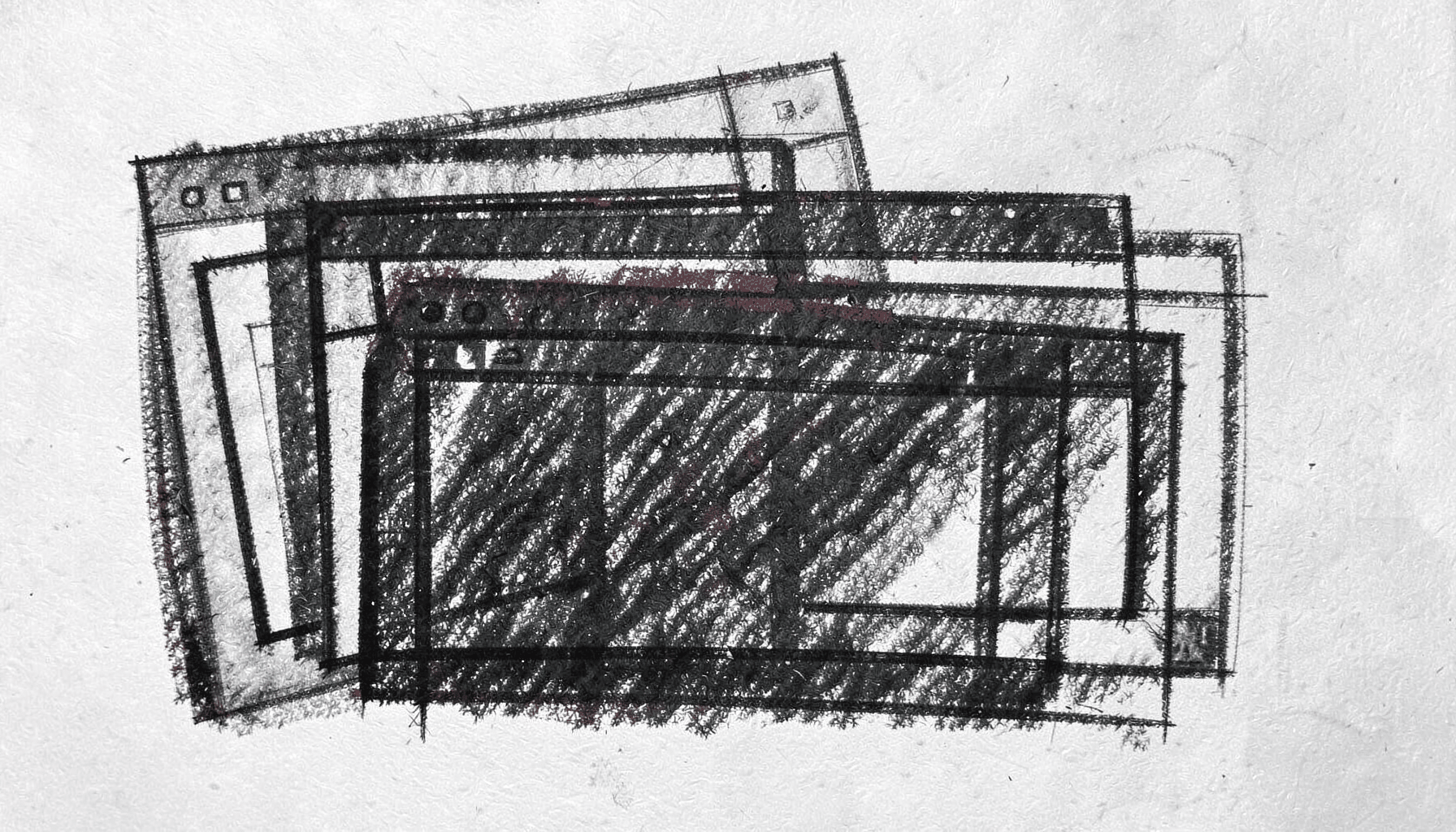 A bold charcoal drawing of overlapping application windows on a desktop, with crisp geometric shapes and deep charcoal shadows